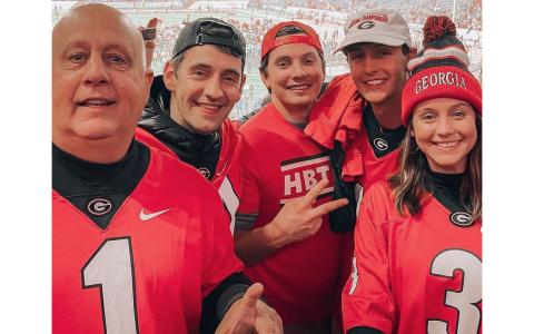 Habersham County residents Sidney Roland, Lanier Roland, Wyatt Burgess, Cooper Roland and Millie Burgess celebrate Georgia’s first national championship since 1980 after making the trip to Indianapolis to see the Bulldogs beat Alabama on Monday night. SIDNEY ROLAND/Submitted