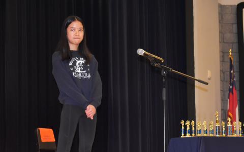 Kayla Nifong of South Habersham Middle School ponders a word during Wednesday morning’s spelling bee. AMARIS E. RODRIGUEZ/Staff 