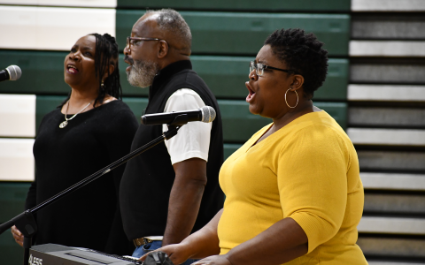 The Burns family – Vanessa, Ernest and Portia (from left) – sing at Tallulah Falls School on Friday morning as part of a Black History Month presentation. MATTHEW OSBORNE/Staff