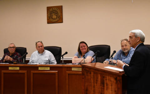 Partnership Habersham Director Charlie Fiveash (right) makes his pitch Monday to Baldwin City Council to stay in business together. BRIAN WELLMEIER/Staff 