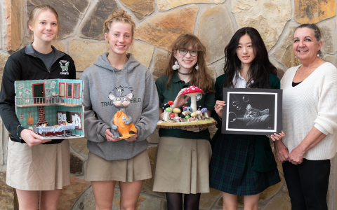 Tallulah Falls’ high school art winners were (from left) Kailyn Neal of Flowery Branch, Macy Murdock of Carnesville, Savannah Harris of Clarkesville, Amy Ma of Cumming and art teacher Tina Cheek. E. LANE GRESHAM/Submitted