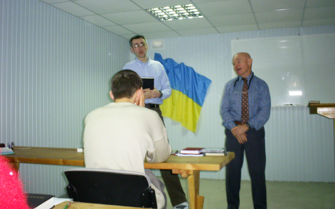 A student (back to camera), one of 26 students who defied corrupt home-village Communist leaders between 1999-2001 in Ukraine, attends a Bible Institute course missionary Jerome Smith taught to train those interested in becoming Youth Ministers. JEROME SMITH/Submitted