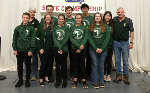 Members of Tallulah Falls’ rifle team competing at the state championships included (front row, from left) Ethan Simmons, Coach Katie Keister, Chloe Erwin, Kylee Loudermilk and Leah Rogers. Back row are (from left) Coach Kerry Stamey, Joseph McGahee, Andrew Erwin, Marc Crotta, Jue Wang and Coach Tim Stamey. BRIAN CARTER/Submitted
