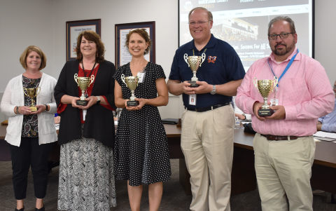 Pictured (from left) are Clarkesville Principal Georgia Pitts, South Habersham Middle School Principal Daphne Penick, Level Grove Elementary Principal Dr. Susan Davis, Baldwin Principal Rodney Long, and Habersham Success Academy Principal Ernie Garrett. AMARIS E. RODRIGUEZ/Staff