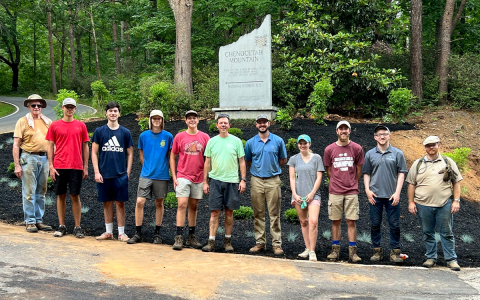 Evan Boyd brought a team to work on his Eagle Scout project at Chenocetah Tower. From left are Steve Brinson (Evan’s grandfather); Connor Zboran, Nick Borgia, Connor Skellums and Evan Boyd of Troop 582; Marty Boyd, Assistant Scoutmaster for Troop 582; Kenny Miller, Morgan Arnold, Sam Stewart and Issac St. Claire, employees of Carter & Sloope, Cornelia’s consulting engineering firm, who volunteered to help by donating a day of service to the City and to help Troop 582 with the project. MARTY BOYD/Submitted