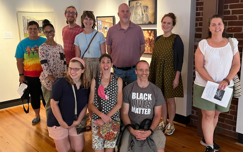 Several K-12 educators taking part in the program toured Piedmont’s Mason-Scharfenstein Museum of Art in Demorest on June 15. They included, front, from left, Amanda Myrick, Sally Stanhope, and James From; and standing, from left, Lisa Diehl; Twyla Bennett; Matthew Jackson; Grace VanSteenberg; Dr. Matthew Teutsch, director of the LES Center; Rebecca Brantley, assistant art professor at Piedmont and director of the museum; and Laura Beecher. RACHEL PLEASANT/Submitted