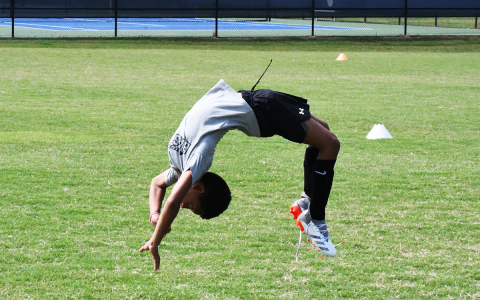 Coaches at the Raider Soccer Academy encouraged their campers to celebrate goals this week, and Brooks Powell did that and then some with this epic backflip after scoring one of his own. MATTHEW OSBORNE/Staff