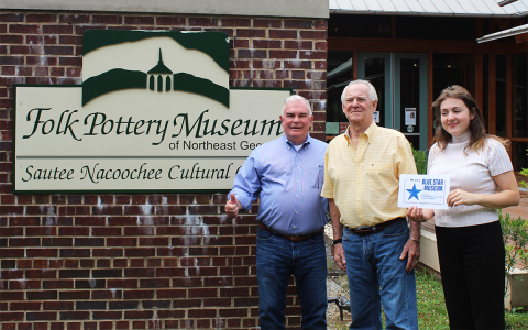From left are Kevin McGrath (Sautee Nacoochee Community Association Board Member), John Luhn (former SNCA Interim Executive Director) and Meghan Gerig (Folk Pottery  Museum Director). MEL WHITEHEAD/Submitted