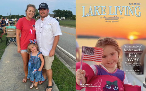 Jade, Kyle and Ansley Garrison are shown in this family photo. Jade Garrison submitted the winning photo, taken by Kyle, for the summer 2022 Lake Living cover contest. The magazine is shown at right. SUBMITTED