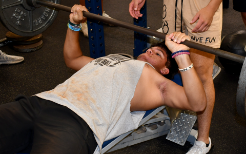 Habersham Central’s Alex Ethridge works on his bench press before practice Thursday morning. MATTHEW OSBORNE/Staff