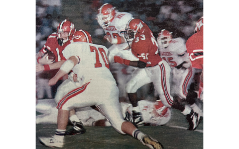 Habersham Central’s Bill Simmons (70) closes in on Stephens County quarterback Benji Harrison, now the head coach of the Raiders, in a 1993 contest that was Habersham’s most recent road win against Stephens County. FILE