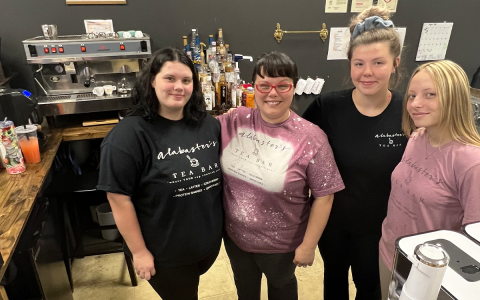 Shown from left are Nylah McDonald, owner Dana Pardue, Gracie Johnson, and Savana Miller of Alabaster’s Tea. AMARIS E. RODRIGUEZ/Staff 