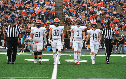 Habersham Central captains (from left) Eddie Jenkins, Blandon Grizzle, Braydon Wright and Canon Wilbanks take the field before Friday’s game. TOM ASKEW/Special