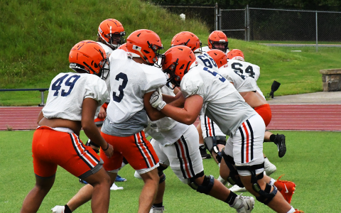 The linemen worked on engagement at the point of attack. MATTHEW OSBORNE/Staff