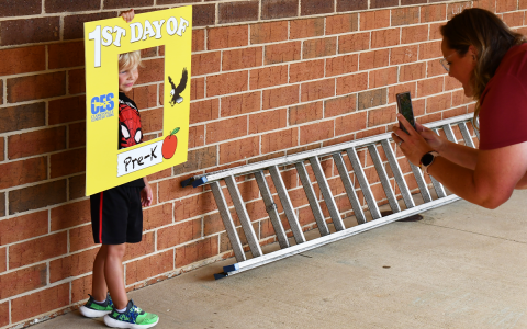 Weston Carroll gets ready to start his school journey Wednesday from the very beginning at Clarkesville Elementary. The first day of school is today. MATTHEW OSBORNE/Staff