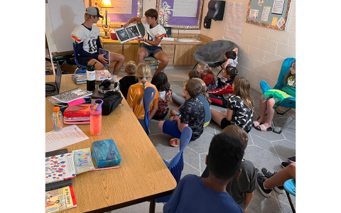 Slade Dover and Chase Colbert read to Mrs. Lisa Wilson’s third grade class at Clarkesville Elementary. JALEN HULSEY/Submitted