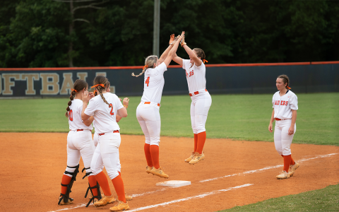 Habersham Central  seniors Jayden  Thomas (left) and Joni  Littlejohn (right) do their pregame handshake. The Lady Raiders were jumping for joy after knocking off White County on Thursday. ZACH TAYLOR/Special