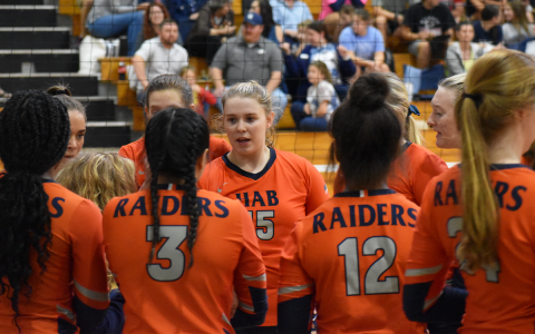 Habersham Central’s Abbey Donaldson talks up her teammates during a win last year. The Lady Raiders won their first game and hosted two matches Thursday night after press time. FILE