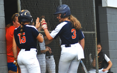 Habersham’s Bailey Barfield  receives congratulations from fellow senior Joni Littlejohn and head coach Karly Thompson after scoring in the Lady Raiders’ 7-2 road victory over Rabun County on Wednesday. LUKE MOREY/Clayton Tribune