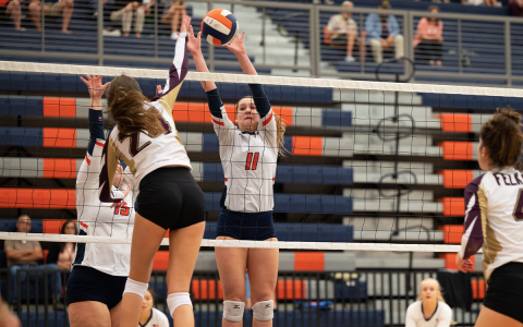 Habersham Central’s Allie Church goes up for her fourth block against Dawson County on Thursday night. ZACH TAYLOR/Special