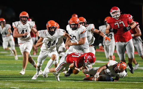 Habersham Central’s Caleb Blackburn (44) and Keller Green (13) surround Forsyth Central quarterback Brady Smith as they force him to fumble during Friday night’s game. TOM ASKEW/Special
