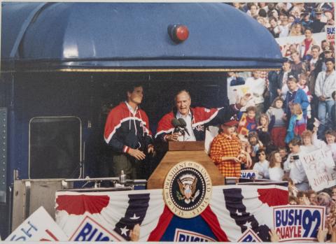 President George H.W. Bush, right, speaks from his train, “The Spirit of America,” during his 1992 Whistle Stop Train Tour. Cornelia was one of several Georgia cities Bush visited during that tour. Photo courtesy of the Cornelia Depot Association