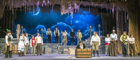 Fighting Prawn (Athena Lux), Molly (Dakota Rose Chen), Peter (Gabriel Richman), Prentiss (Carly Jelinek), Ted (Dominic Fox), Mack (Haylie Collins), Lord Leonard Aster (Clayton Maddox), Hawking Clam (Tyler Pelligrino), Capt. Scott (Tucker Cochran), Teacher (Lexie Partain), Black Stache (Hunter Reum), Smee (Carson Letner), Grempkin (Ethan Spinks), Mrs. Bumbrake (Dante Wilson), Alf (Kasey Jenkins) and Bill Slank (Sof Delgado) appear in a scene from Piedmont University’s production of “Peter and the Starcatcher