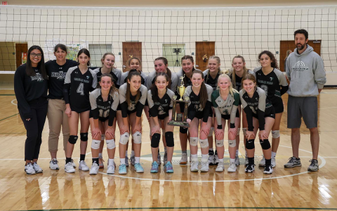 The Tallulah Falls volleyball team celebrated its first region championship Saturday. Team members are (front row, from left) Kitty Rodenas, Sofia Rueda, Elsa Sanchez, Sarah Jennings, Kate Gary and Chesney Tanksley. Back row are (from left) assistant coach Tykia Thompson, assistant coach Jo Kimbrel, Rebecca Heyl, Ashlyn Yaskiewicz, Julianne Shirley, Addy McCoy, Katarina Foskey, Claire Kelly, Skylyn Yaskiewicz, Chloe Kahwach and head coach Matt Heyl. AUSTIN POFFENBERGER/Special