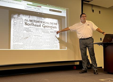 Peter Madruga, president and founder of Habersham Education & Research, presents a demonstration of Digitize Habersham at Piedmont University on Wednesday. The searchable archive of Habersham County history is now available online at habershamhistory.org/archives. JANICE BARDEN/Special