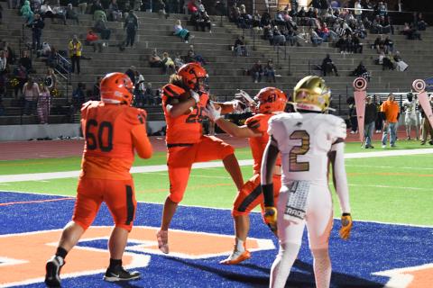 Habersham Central’s Eathan Martin celebrates a touchdown with teammates during Friday’s win over Apalachee. TOM ASKEW/Special