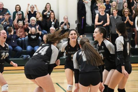 Tallulah Falls players celebrate a point on Saturday against Mt. Pisgah. From left are Kitty Rodenas (running in), Addy McCoy, Chloe Kahwach, Sarah Jennings, Elsa Sanchez and Rebecca Heyl. MATTHEW OSBORNE/Staff