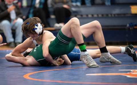 Westin Lakey secures the first pin for Habersham Central in their match against North Hall. ZACH TAYLOR/Special