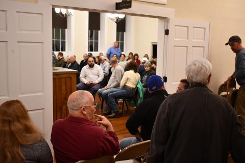 Mt. Airy had its largest crowd ever for a public meeting Wednesday night, with overflow seats being set up in the foyer of city hall. MATTHEW OSBORNE/Staff