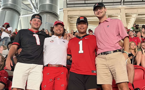 Habersham County native Reeves Cody (far right) attends a Bulldog game with buddies Jay Reece, Dean Trapani and Asa Nam. REEVES CODY/Submitted