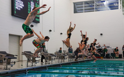 Tallulah Falls seniors take off for their traditional Senior Splash at Saturday’s final home meet. AUSTIN POFFENBERGER/Special