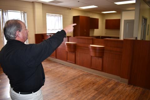 Demorest Interim City Manager Mark Musselwhite shows off the work that has been done to get the old Demorest Elementary School building ready to be the new city hall in the coming weeks. MATTHEW OSBORNE/Staff 