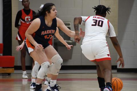 Habersham Central’s Gabby Santiago (left) defends a Gainesville’s Kedra Young during Friday night’s game. MATTHEW OSBORNE/Staff