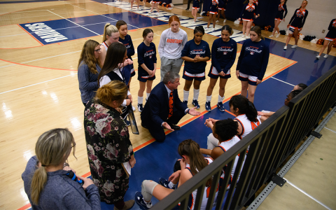 Lady Raiders coach Bill Bradley instructs his players during a timeout against Shiloh. Habersham’s girls can virtually lock up a playoff spot with a sweep in the final week of the regular season. ZACH TAYLOR/Special