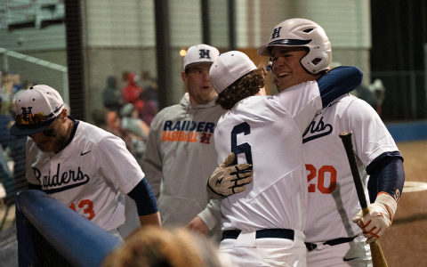 Habersham Central’s Hunter Tatum (right) and Spencer Frady (6) hug after Tatum scores  another run in the bottom of the third inning against Shiloh on Monday night. ZACH TAYLOR/Special
