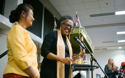 Habersham County Historical Society Executive Director Audrey Davenport laughs during her opening speech at the 50th-year Celebration Gala on Saturday at Piedmont University. ZACH TAYLOR/Special