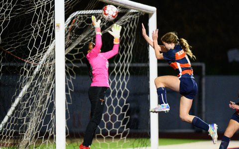 Abby Hotard floats toward the Lanier goalie for the game-winning header in Friday night’s region match. ZACH TAYLOR/Special