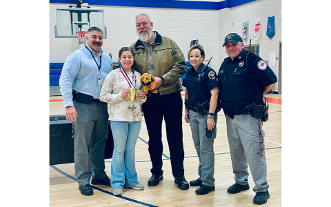 Shown are Habersham County Schools Director of Safety, Murray Kogod, Bella, Sheriff Joey Terrell, Gonzalez, and SRO David Jackels. KELLY BANKS/Submitted