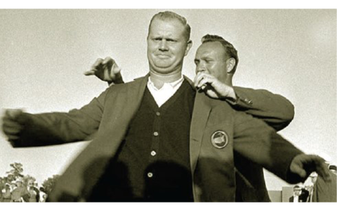 This 1963 Associated Press photo shows Arnold Palmer helping Jack Nicklaus slip into his first of six Masters green jackets. As high school freshmen, Pete Hires and I joined Arnie’s Army to march in the golf gallery at the Augusta National Golf Club. On that Sunday, we watched Palmer, the 1962 winner, award the young Golden Bear his first green jacket – golf’s Holy Grail.