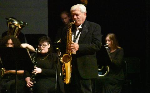 Nelson Payne busts out a solo at the ceremony naming the Habersham Central band room after him in 2021. Payne is this year’s special honoree for the 2023 Habersham Central Football Ring of Honor. FILE