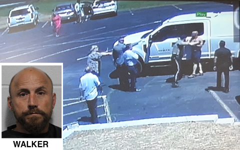 A surveillance video Sunday showed Michael Walker being arrested outside of Bethesda Fellowship in Cornelia. JOHN DILLS/Video