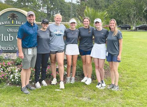 Habersham Central’s girls golf team state tournament participants included (from left) Coach Shawn Blackburn, Ava Caudell, Makenna Eller, Maddie LaPrade, Macey Harrison,  Addie Maney and Coach Joni Blackburn.