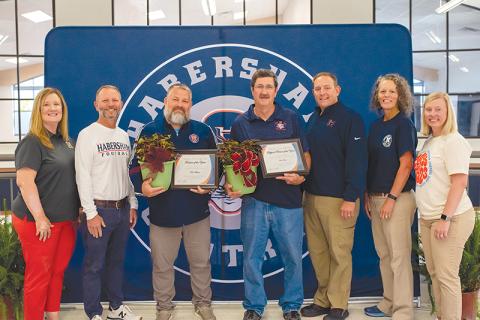From left, Mrs. Alice Brewer, Mr. Donnie Bennett, HCHS Teacher of the Year Coach Ric Wallace, HCHS Support Person of the Year Mr. Rick Mason, Dr. Jonathan Stribling, Dr. Amy Hood and Mrs. Lindsey Shafer. JONATHAN STRIBLING/Submitted