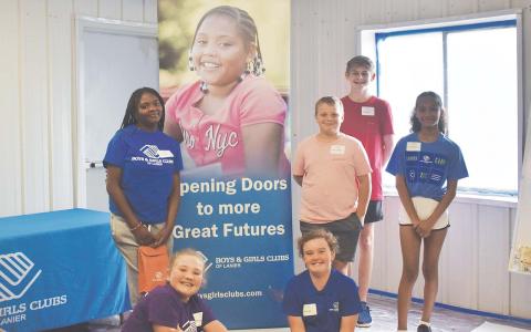 These special six Club members got the chance to chat with the board members Tuesday afternoon. From left, standing: Raigen Mathis (rising 8th grader at Bonduarant, Ky.), William Ballard (rising 6th grader at South Habersham), Gabriel Anderson (rising 9th grader at the Habersham Ninth Grade Academy) and London Garcia (rising 7th grader at Wilbanks Middle). Seated are Emma Johnson (rising 5th grader at Clarkesville Elementary) and Kyleigh Goode (rising 5th grader at Fairview Elementary). EMMA MARTI/Staff