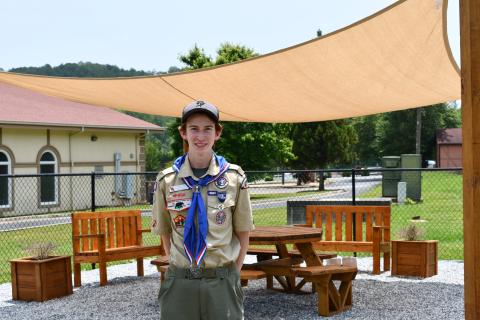 Matthew Wolfe’s finished Eagle Scout project sits outside of Helen First Baptist Church. He earned his rank of Eagle Scout on April 5. JOHN DILLS/Staff