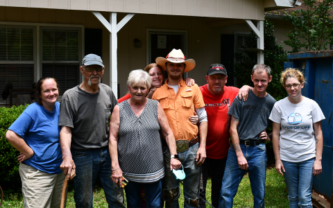 Family members help George and Pam (second and third from left) Anderson pack up their items in anticipation of the eviction coming the couple’s way. Left to right are Rachel Witcher, Tiffany Witcher, Austin Shedd, Robert Witcher, Nicholas Witcher and Whitney Witcher. JOHN DILLS/Staff